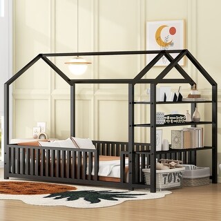 Black Twin Size Metal House Bed with Fence & Storage Shelves