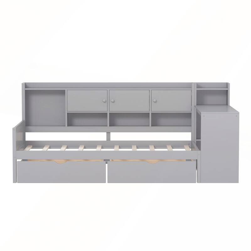 Wooden L-Shape Full Size Daybed with Study Desk and Built-in Bookshelf