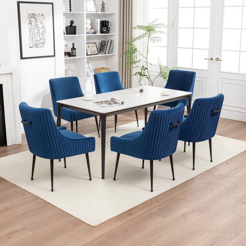 SEYNAR Modern Glam Velvet Black Metal Legs Dining Chair or Vanity Chair Set of 6 with Rear Handle - Navy