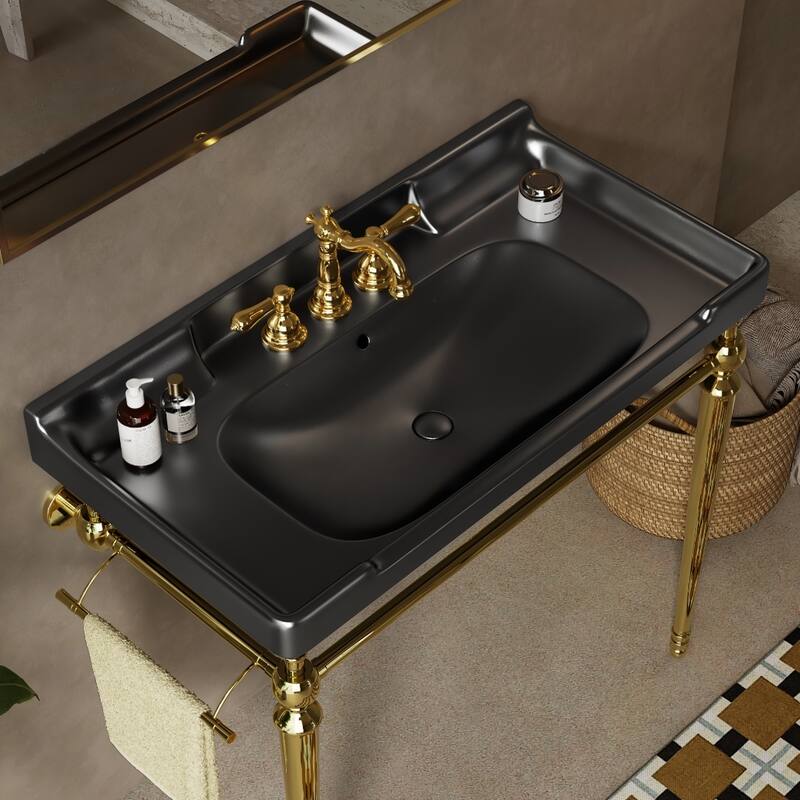 GDFStudio - Vici 36" Bathroom Ceramic Basin with 3 Pre-Drilled Holes, WITHOUT Cabinet and Faucet, Black - 36" - Black