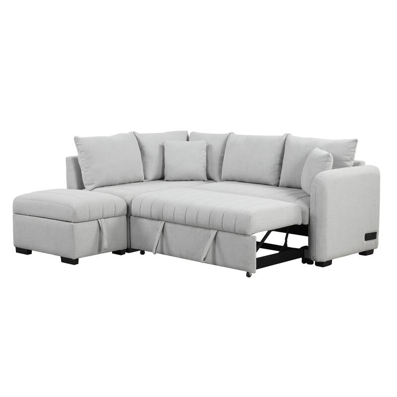 L-Shaped Sectional Sofa with Pull Out Sofa Bed & Storage Ottoman, Convertible Sleeper Sofa with USB Ports & Power Sockets