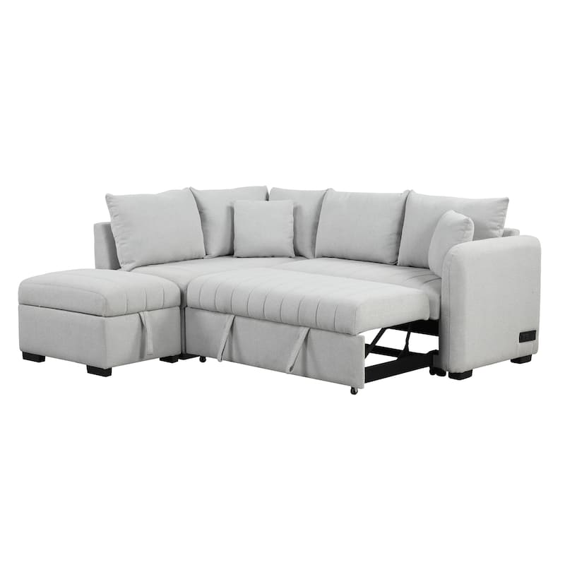 Roomfitters L-Shaped Pull-Out Sleeper Sofa with USB Ports, Power Sockets, and Movable Storage Ottoman