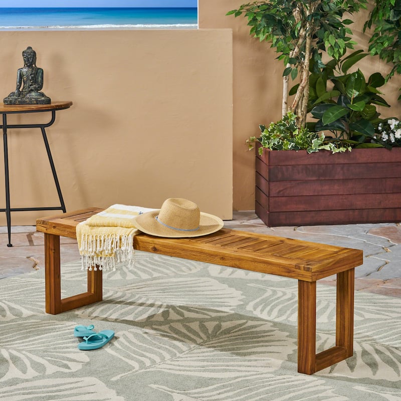 Roomfitters Outdoor Acacia Wood Dining Bench with Rectangular Legs and Slatted Top