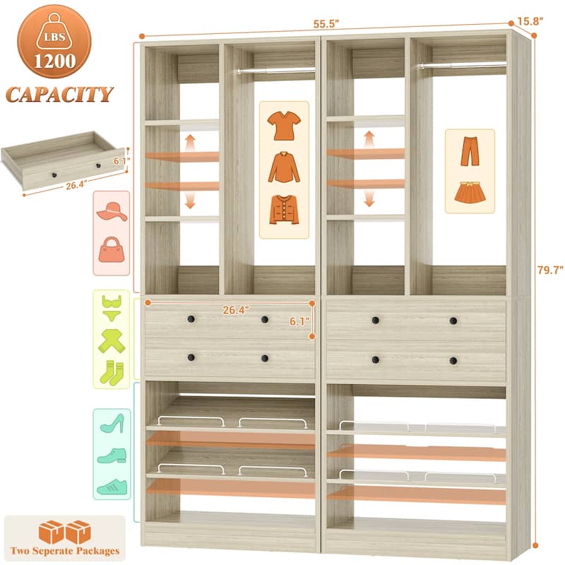 27.7'' Closet Organizer with Shoe Racks and Drawers, Closet System with Hanging Rod and Adjustable Shelves