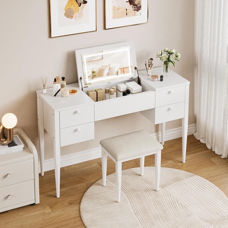 3-in-1 Vanity Desk with Flip Top LED Mirror, 5 Drawers, and Cushioned Stool
