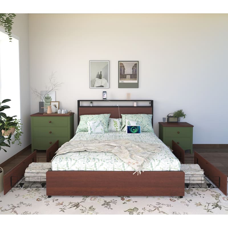 King Size Bed Frame with Charging Station,LED,Drawers - Red+Brown