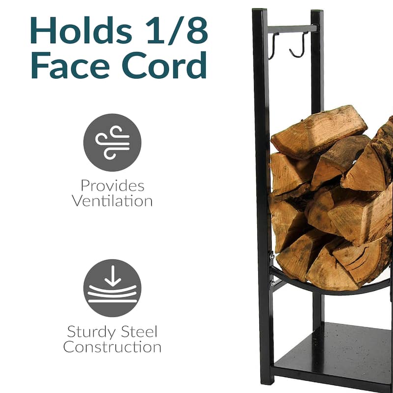 Sunnydaze Log Rack with Tool Holders Steel with Blakc Finish Firewood Storage