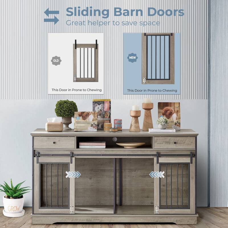 Sapphome Dog Crate Furniture Large Breed TV Stand with Drawer & 2 Sliding Doors, Grey
