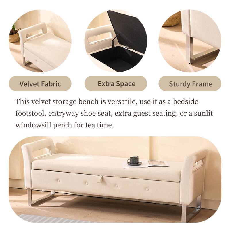 Velvet Storage Bench with Hidden Compartment, 275LB, Silver White Legs