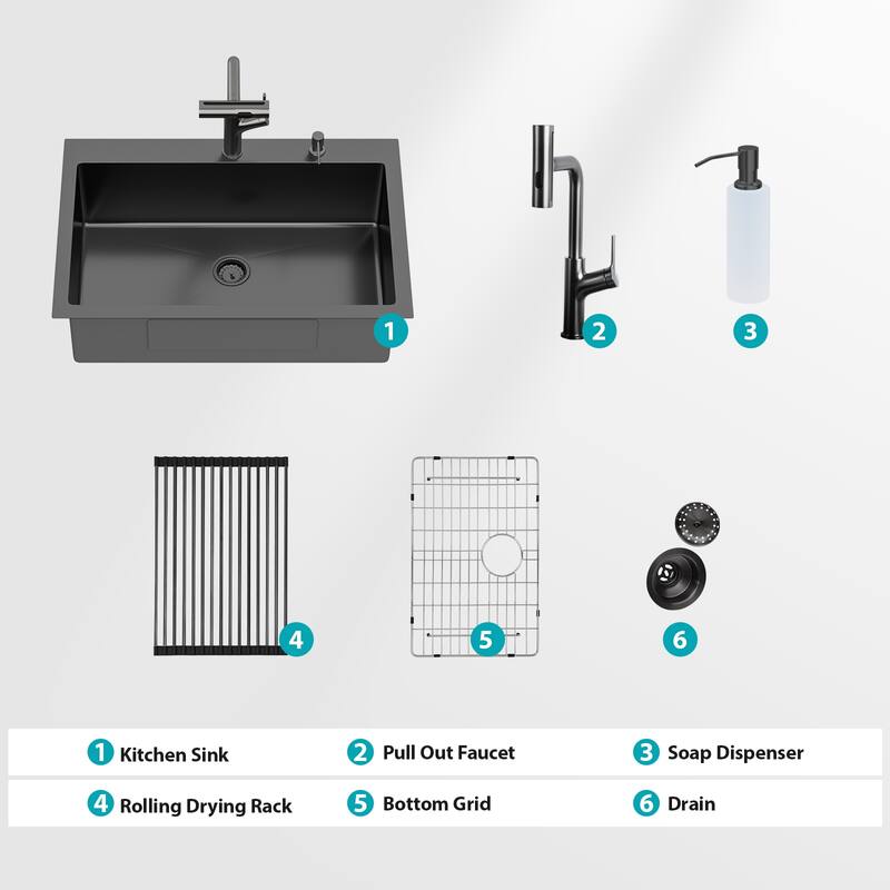 30" Drop-in Kitchen Sink with Pull-out Faucet and Soap Dispenser 30x22x10 inch Single Bowl 16 Gauge Stainless Steel