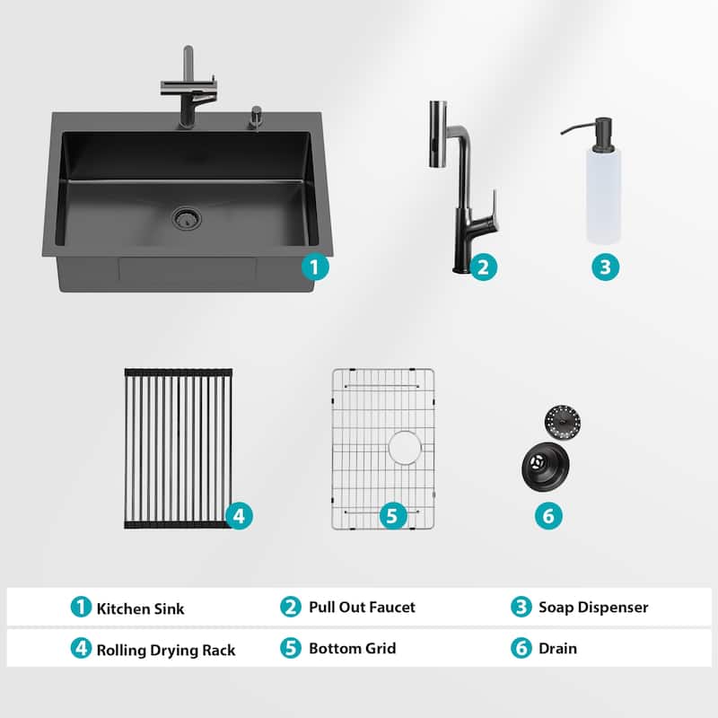 33" Drop-in Gunmetal Black Kitchen Sink Soap Dispenser 33x22x10 inch Single Bowl 16 Gauge Stainless Steel