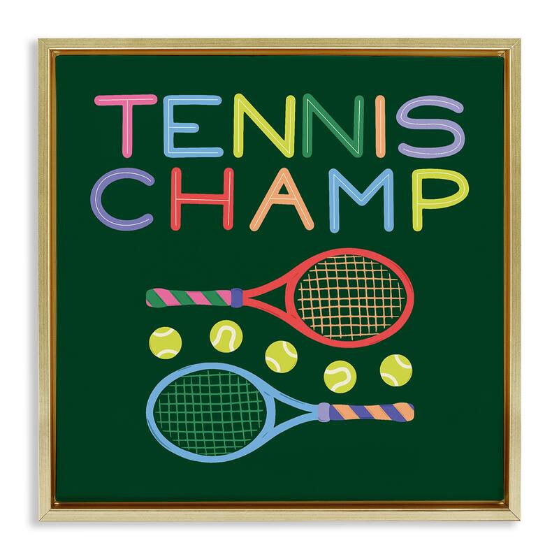 Stupell Tennis Champ Racket & Balls Framed Floater Canvas Wall Art Design By Sazerelli Designs - 25 x 25 - Gold