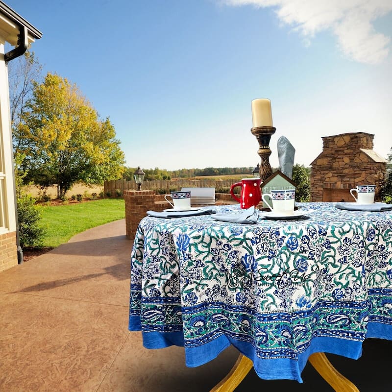 Block Print Cotton Verdant Floral Paisley Tablecloth Collection - 72-in Round