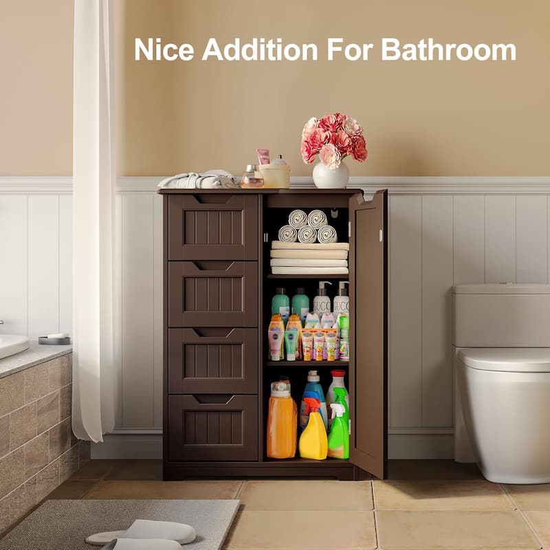 33" Kitchen Pantry Storage Cabinet , Freestanding Wooden Bathroom Storage Cabinet with 4 Drawers for Kitchen and Dining Room - Double - Dark Brown