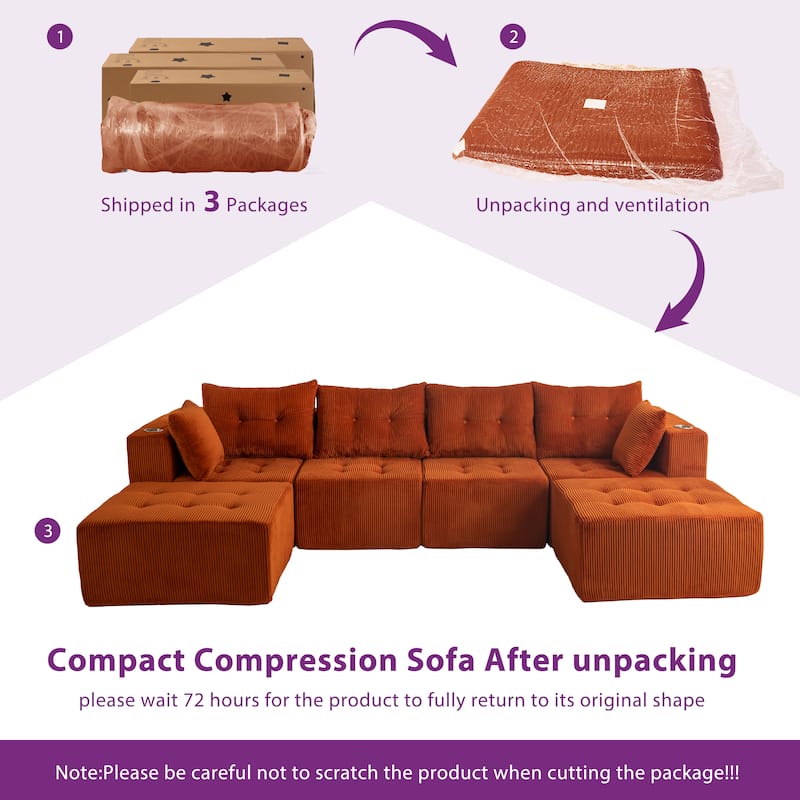 Modular 6-Seat U Shaped Sectional Sofa - 64.5"D x 129.5"W x 26.3"H