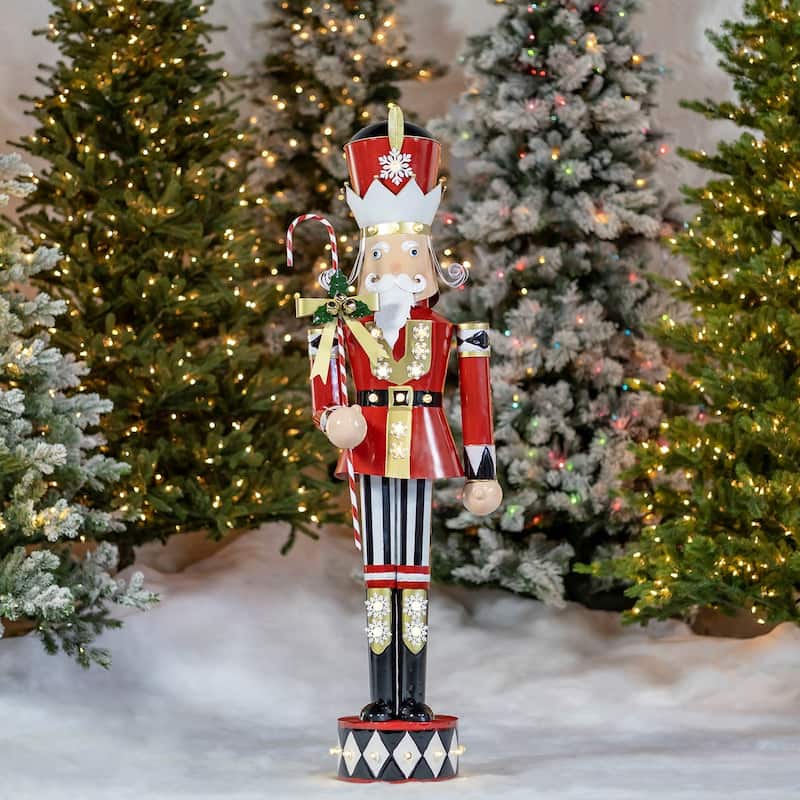 Large Iron Christmas Nutcracker "Harry" with Candy Cane & LED Lights - Red - Iron - Large