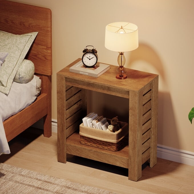 2-Tier Wooden Side Table, Narrow End Table For Small Spaces