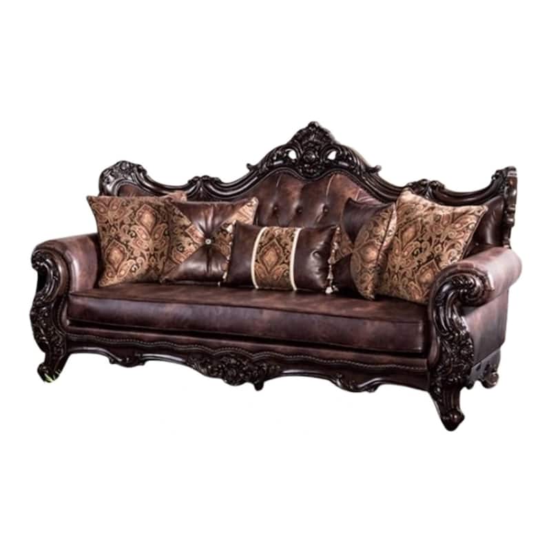 Puhi Sofa, Brown Faux Leather, Ornate Carved Dark Cherry Wood, 95 Inch