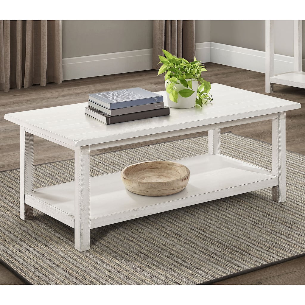 Distressed Wood Coffee Table with Lower Shelf Rustic Farmhouse Design