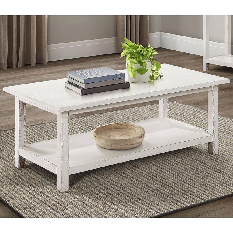 Distressed Wood Coffee Table with Lower Shelf Rustic Farmhouse Design - Antique White