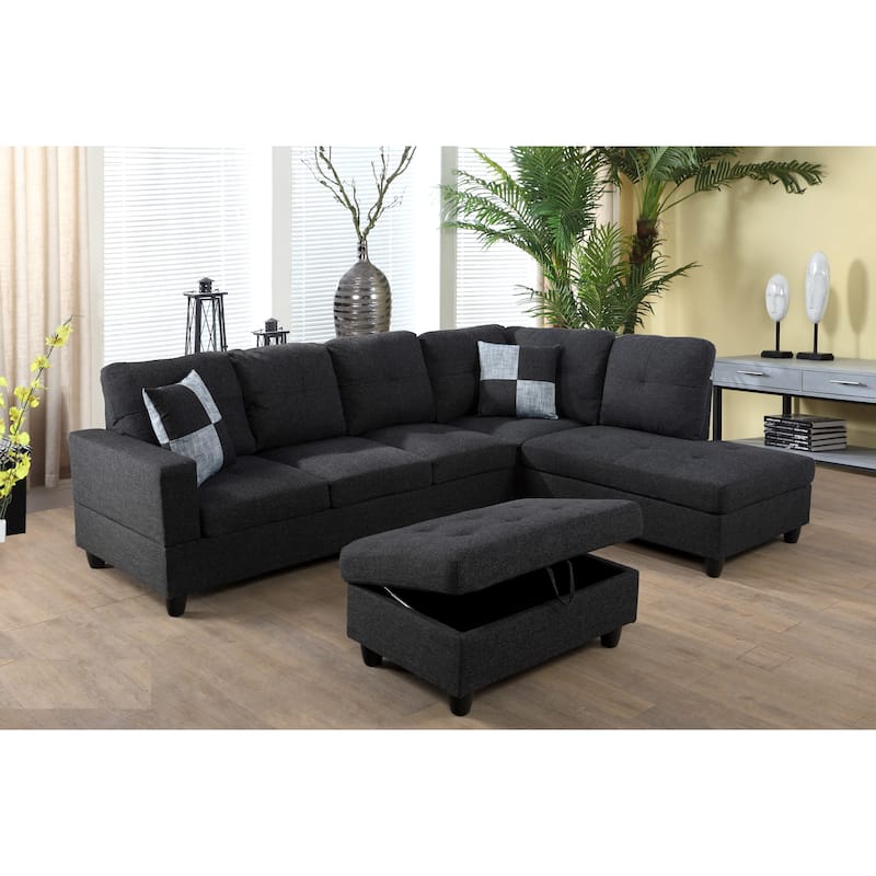Weston 104"Wide 3-Pieces Sectional Sofa Set,Black Grey(125) - Right Facing