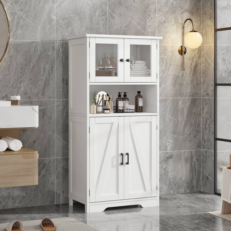 Kitchen Pantry Storage Cabinet with Glass Doors & Adjustable Shelves - White