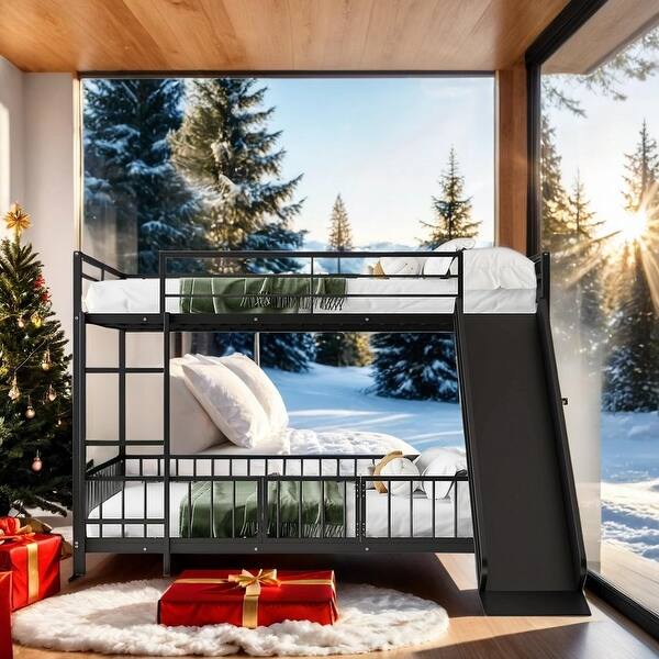 slide 2 of 12, Full over Full Size Metal Bunk Bed with Slide and Guardrails, Black Black