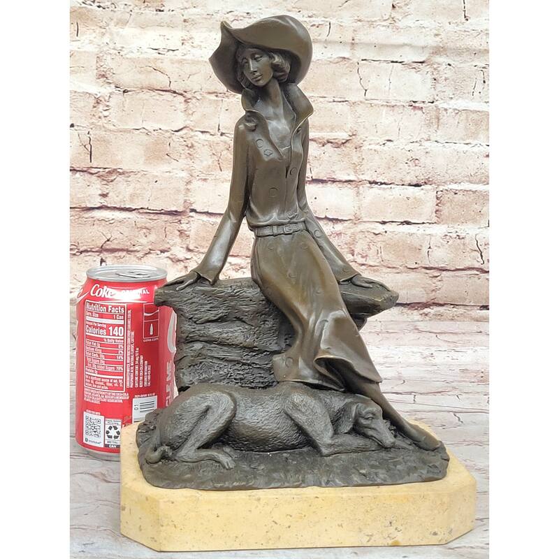 Fashionable Woman With Large Hat And Imitative Dog - Bronze Metal Art Deco Sculpture By Milo