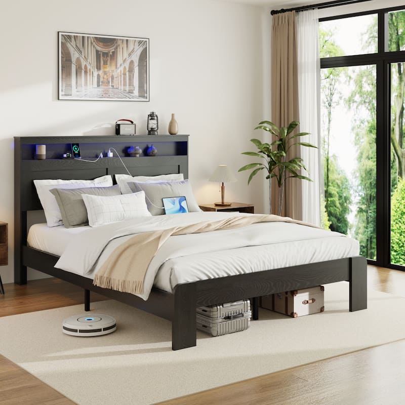 Wood Platform Bed Frame with Storage LED Light Headboard and 2 USB
