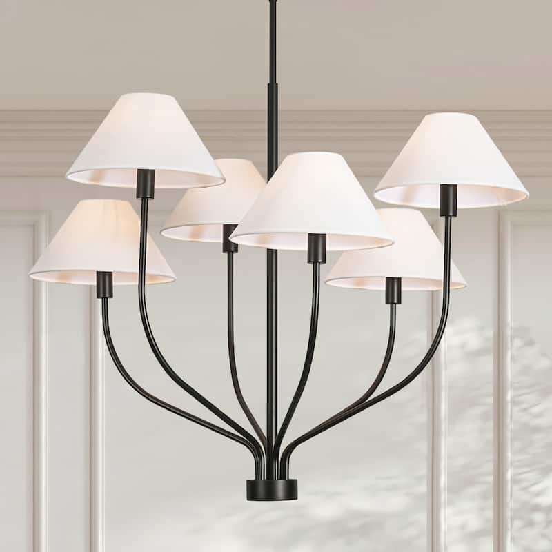 6-Light Modern Gold/Matte Black Sputnik Staggered Large Chandelier with Cone White Fabric Shade - Black/White