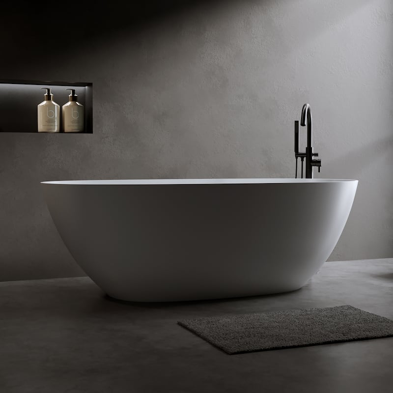 Luxury Solid Surface Freestanding Soaking Bathtub with Center Drain and Pop-up Drain, Modern Beige Tub with Overflow
