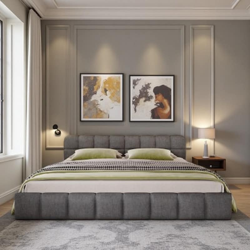 Queen Upholstered Platform Bed with Plush Chenille Fabric, Modern Checkered Headboard, Soft Grey Bedroom Bed Frame Design