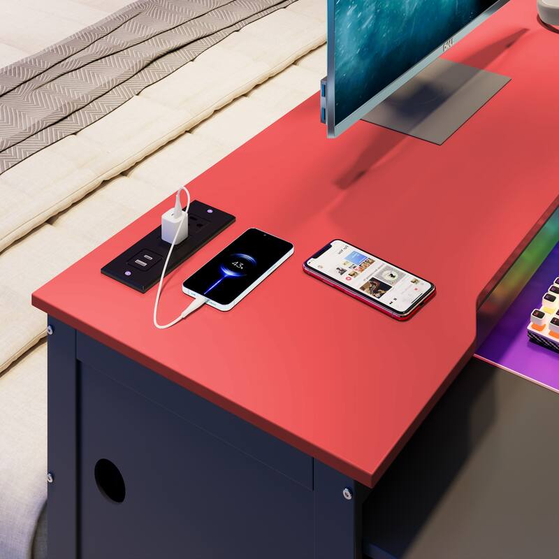 Wood Daybed with Trundle & Built-in Desk, LED Lights & USB Charging Port, Available in Full or Twin