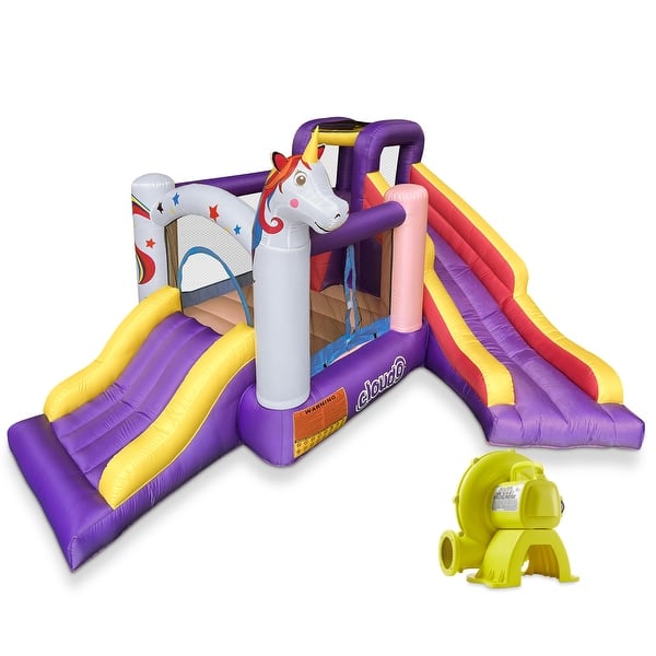slide 2 of 7, Unicorn Bounce House for Kids w Blower Two Slides Large Jump Area Kids