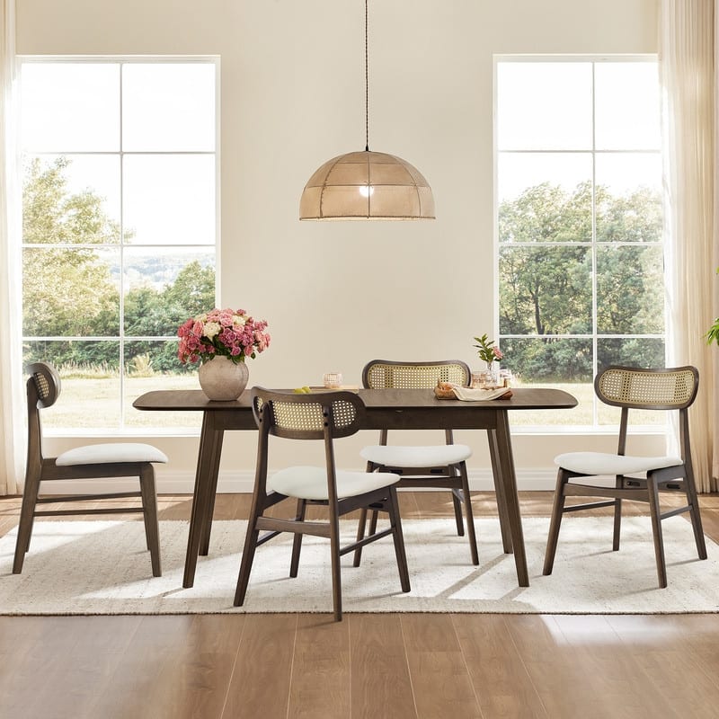 Spruce & Spring Extendable Dining Table Set with Woven Rattan Dining Chairs - 59"-75"-4 Chairs - Walnut