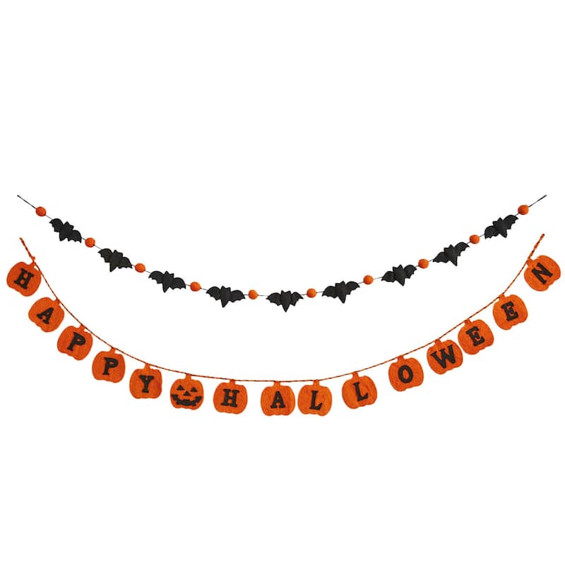 70-inch Halloween Black Bat Orange Pumpkin Jack-O-Lantern Wool Felt Garland Doorway Tabletop Wall Mantel Home Decoration