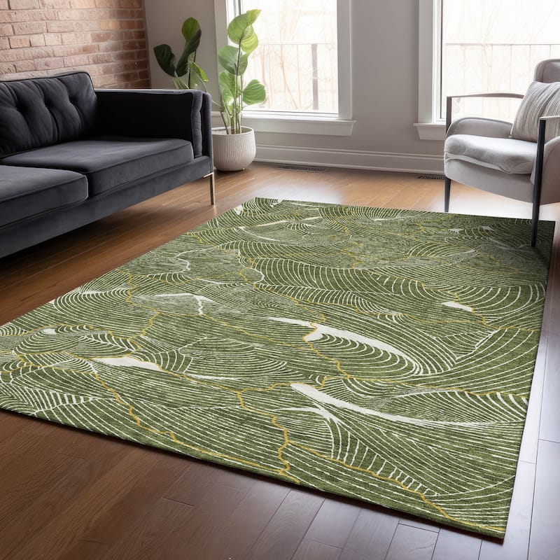 Machine Washable Indoor/ Outdoor Abstract Crackle Chantille Rug - Olive - 5' x 7'6"