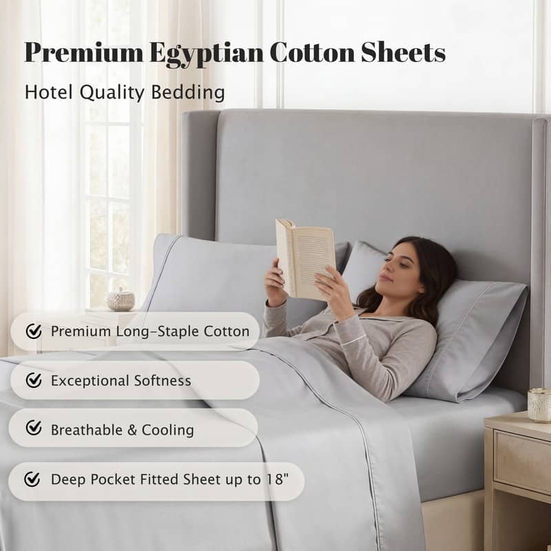 Superior Egyptian Cotton 530 TC Sheet Set Sateen Weave, Deep Pocket, Ultra‑Soft & Breathable Bedding