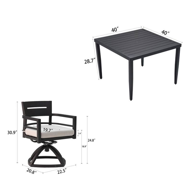 5-Piece Modern Patio Dining Set - Includes 4 Swivel Rockers with Sunbrella Cushions and a 40" Square Table with Umbrella Hole.