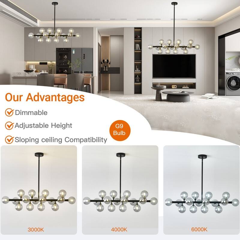 Mid-Century Modern Sputnik Chandelier 16-Light Adjustable Brass Pendant with Glass Globes for Dining Rooms - 34.7in