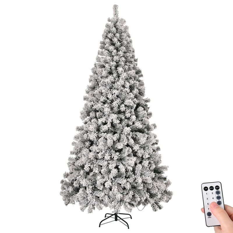 8 FT Pre-lit Snow Flocked Christmas Tree, Artificial Hinged Xmas Pine Tree,Remote Control for Holiday Party, Snowy Green