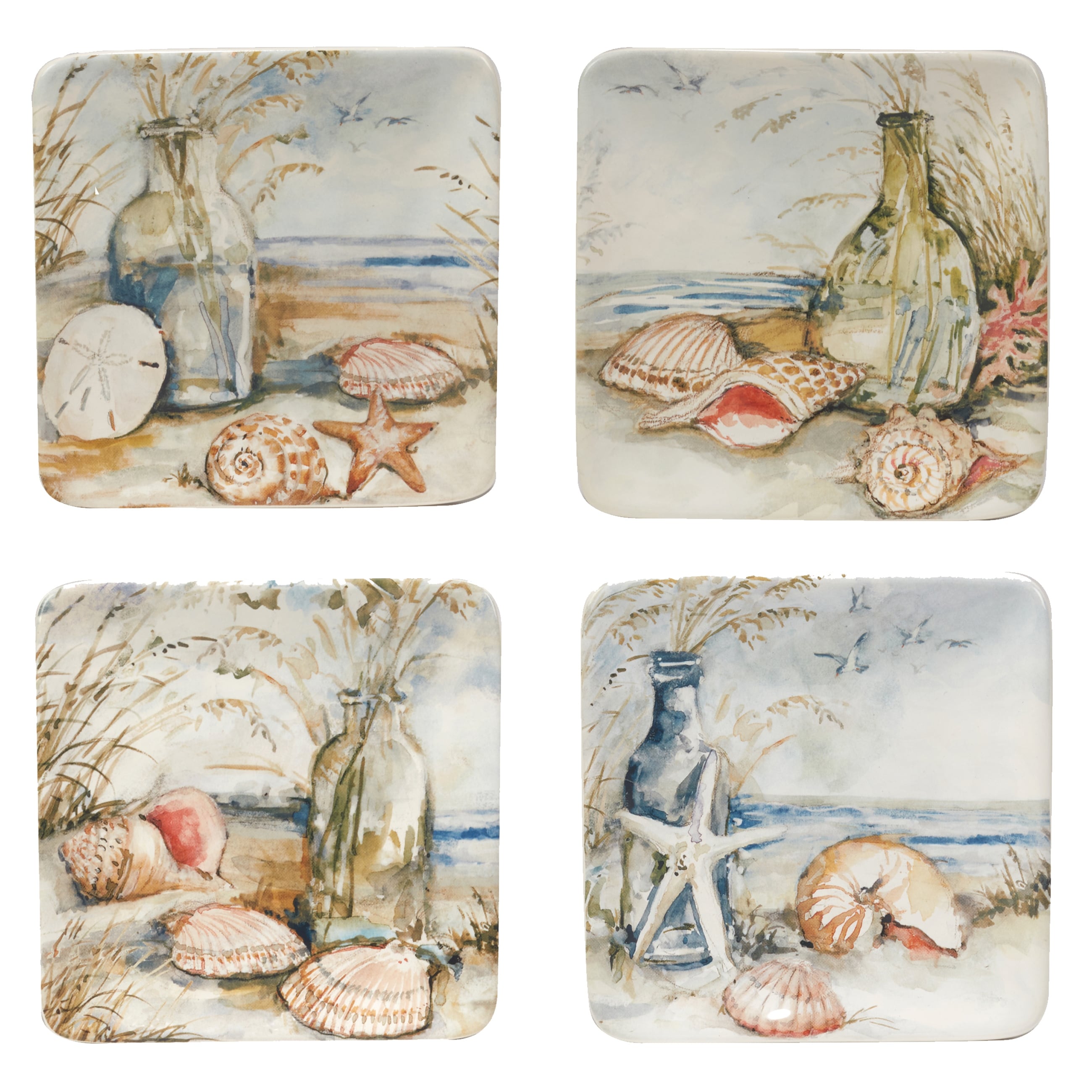 Certified International Coastal Landscape 6" Canape/Luncheon/Appetiser Plates, Set of 4 Assorted Designs - 10.75' x 11'