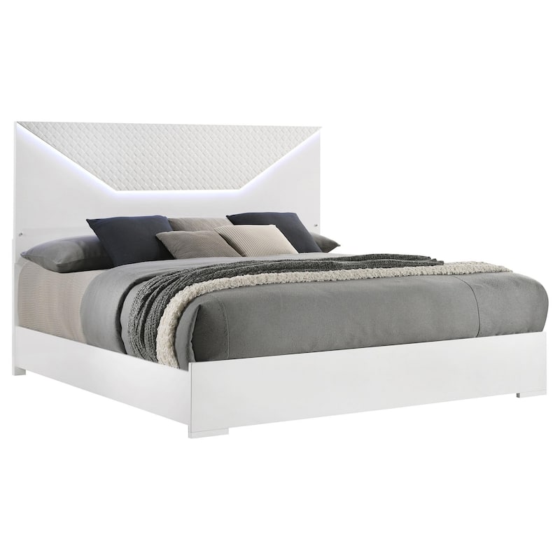 Ivon Queen Bed, 3D Embossed LED Headboard, Glossy White Solid Wood