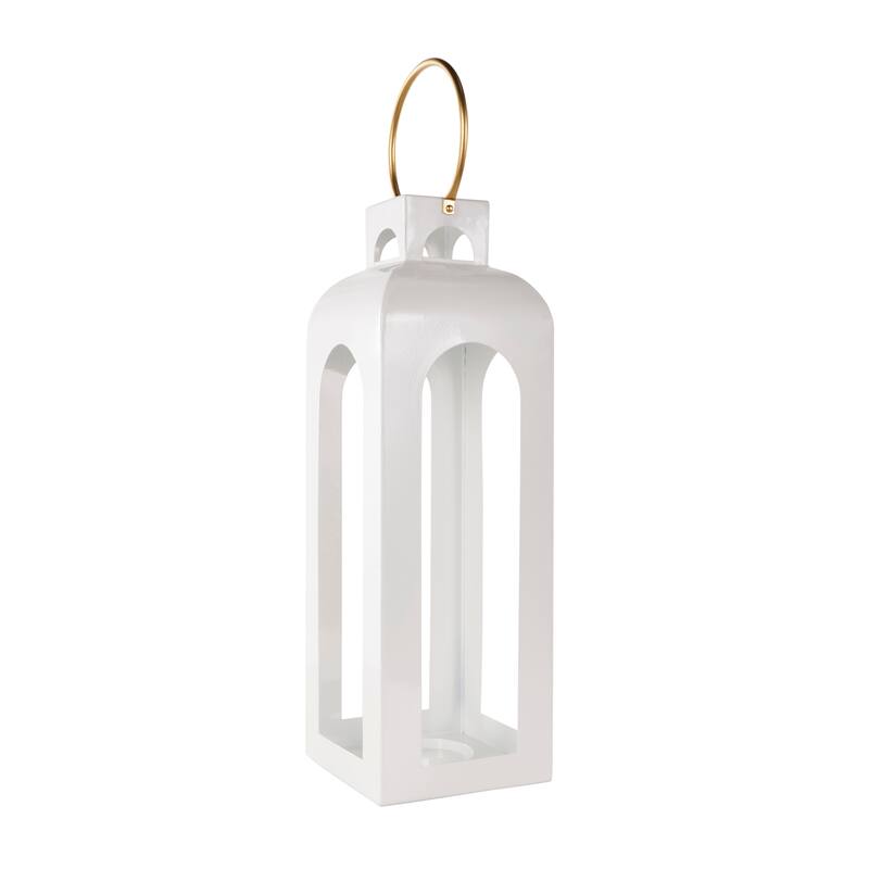 White Metal Tall Arched Cutout Candle Lantern with Gold Handle