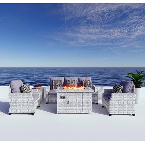 Abrihome 5piece Wicker Patio Furniture Sofa Set with Gas Fire Pit