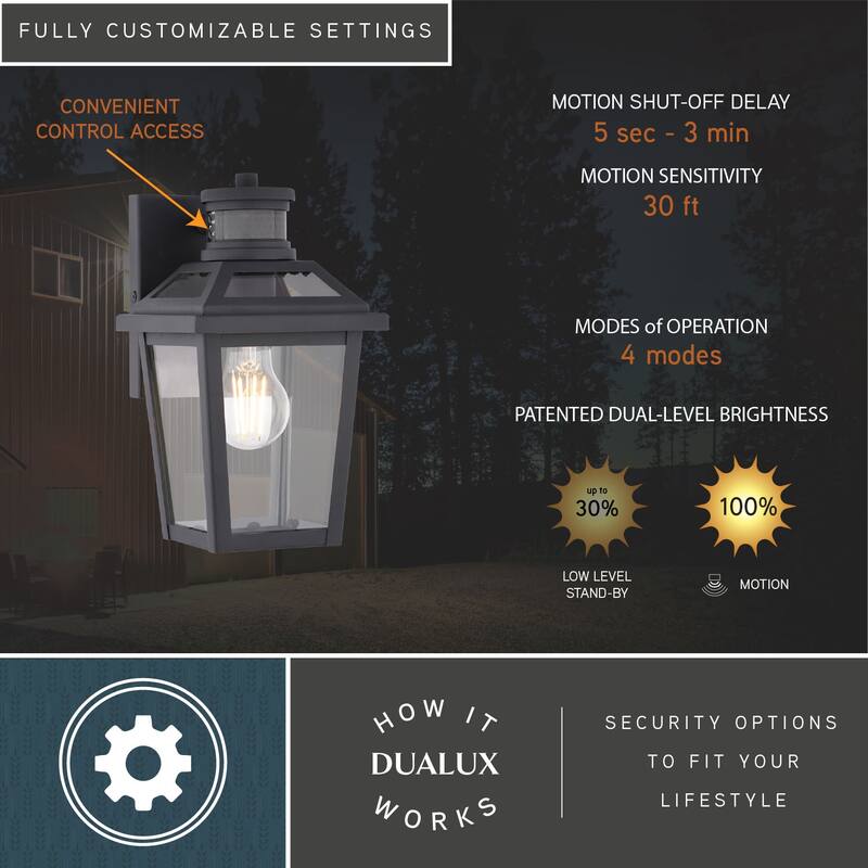 VAXCEL Hanover Park Black Motion Sensor Dusk to Dawn Outdoor Wall Sconce Light Fixture Clear Glass Shade, LED Compatible