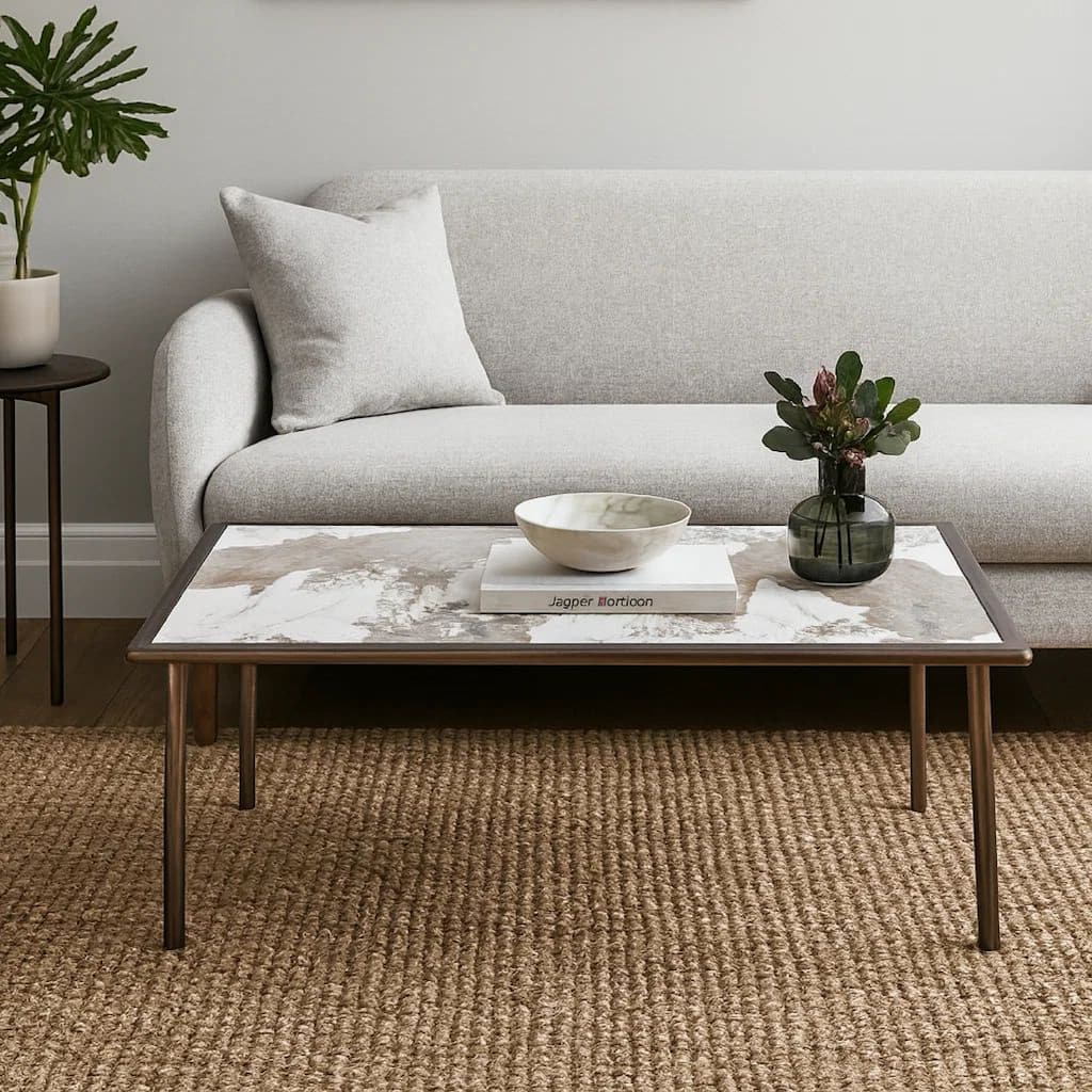 Zame 79 Inch Dining Table, Rectangular White Stone Top, Steel Legs, Bronze