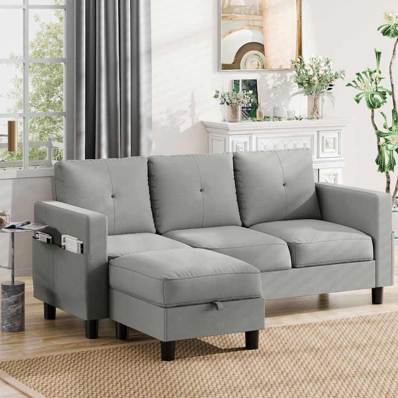 Futzca Linen Upholstered L-shaped Sectional Sofa w/ Reversible Chaise - Ash