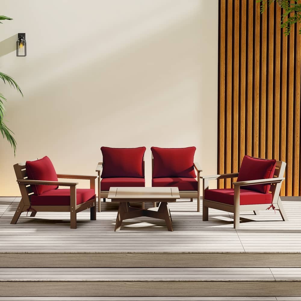 Birchwood All Weather HDPE Outdoor Patio Weathered Wood Deep Seating Conversation Set (5-Piece Set)