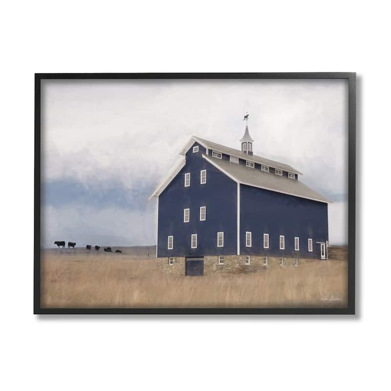 Stupell Blue Farm Barn Landscape Animals Grazing Cloudy Sky Framed Wall Art - 16 x 20 - Black